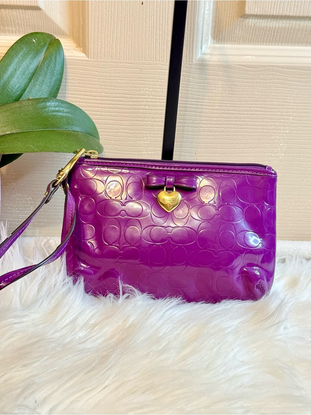 Coach Purple Patent Wristlet with Heart Charm